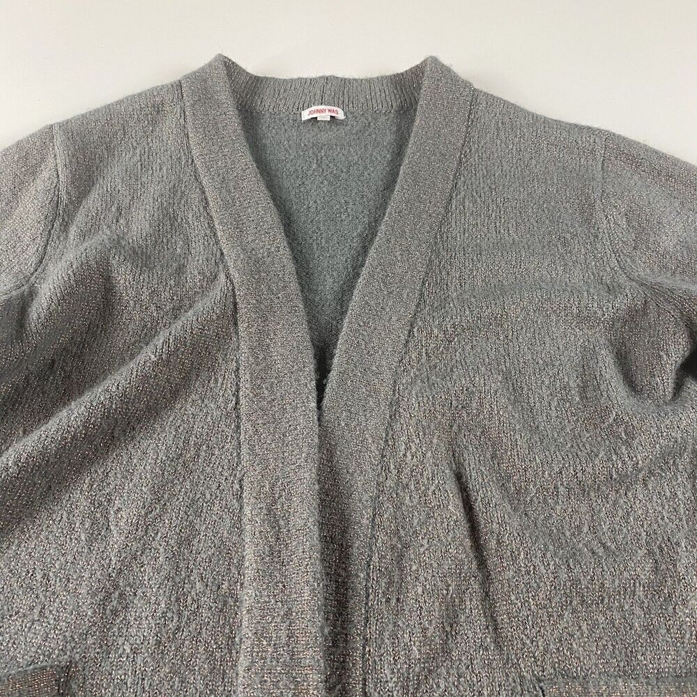 JOHNNY WAS Open Front Metallic Thread Cardigan Gray Size Small Women Sweater - Picture 2 of 8